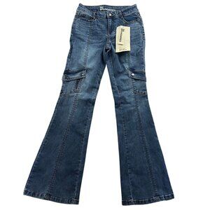 NWT No Boundaries Womens Jeans Size 2 Cargo Bootcut Denim Blue Mid Rise Casual